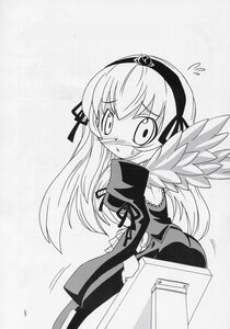 Rating: Safe Score: 0 Tags: 1girl blush dress flying_sweatdrops greyscale hairband image long_hair long_sleeves looking_back monochrome ribbon solo suigintou wings User: admin