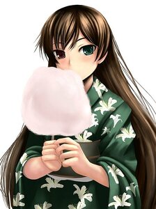 Rating: Safe Score: 0 Tags: 1girl bangs blush brown_hair chiko_(kanhogo) cotton_candy covering_mouth floral_print food green_kimono heterochromia image japanese_clothes kimono long_hair long_sleeves looking_at_viewer no_hat no_headwear rozen_maiden simple_background solo suiseiseki upper_body white_background User: admin