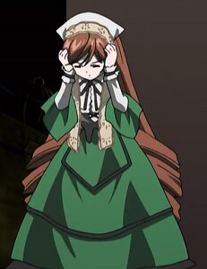 Rating: Safe Score: 0 Tags: 1girl bangs brown_hair closed_eyes dress green_dress image long_hair long_sleeves ribbon solo standing suiseiseki very_long_hair User: admin