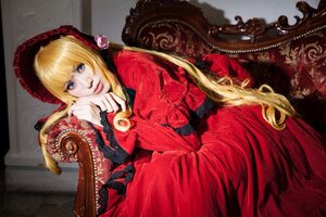 Rating: Safe Score: 0 Tags: 1girl blonde_hair blue_eyes bonnet chair dress flower long_hair long_sleeves looking_at_viewer realistic red_dress rose shinku sitting solo twintails very_long_hair User: admin