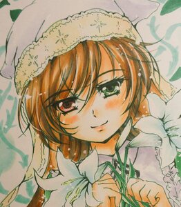 Rating: Safe Score: 0 Tags: 1girl brown_eyes brown_hair dress flower frills hat head_scarf image looking_at_viewer portrait smile solo suiseiseki traditional_media User: admin