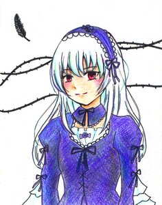 Rating: Safe Score: 0 Tags: 1girl blush dress eyebrows_visible_through_hair feathers frills hairband image long_hair long_sleeves looking_at_viewer puffy_sleeves red_eyes ribbon rose simple_background smile solo suigintou upper_body white_background wings User: admin