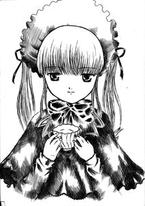 Rating: Safe Score: 0 Tags: 1girl bonnet bow bowtie closed_mouth dress greyscale hat image long_hair long_sleeves looking_at_viewer monochrome own_hands_together ribbon shinku simple_background solo upper_body white_background User: admin