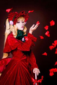 Rating: Safe Score: 0 Tags: 1girl blonde_hair bonnet dress flower long_hair long_sleeves petals red_dress red_eyes rose shinku solo User: admin