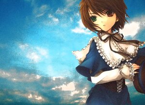 Rating: Safe Score: 0 Tags: 1girl black_ribbon brown_hair capelet dress frills green_eyes heterochromia image long_sleeves looking_at_viewer outdoors red_eyes ribbon short_hair sky solo souseiseki User: admin