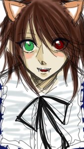 Rating: Safe Score: 0 Tags: 1girl :d animal_ears brown_hair cat_ears green_eyes heterochromia image long_sleeves looking_at_viewer open_mouth red_eyes ribbon simple_background smile solo souseiseki suiseiseki white_background User: admin