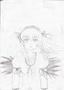 Rating: Safe Score: 0 Tags: 1girl black_wings blush dress feathered_wings hairband image long_hair long_sleeves looking_at_viewer monochrome ribbon simple_background solo suigintou upper_body white_background wings User: admin