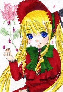 Rating: Safe Score: 0 Tags: 1girl blonde_hair blue_eyes bonnet bow bowtie dress flower green_bow green_neckwear image long_hair long_sleeves looking_at_viewer marker_(medium) red_dress rose shinku sidelocks smile solo traditional_media twin_drills twintails very_long_hair User: admin