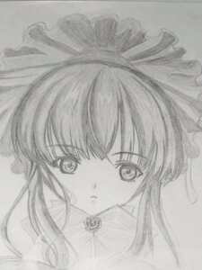 Rating: Safe Score: 0 Tags: 1girl bow greyscale hair_bow image looking_at_viewer monochrome shinku solo traditional_media User: admin