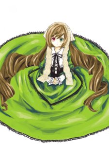 Rating: Safe Score: 0 Tags: 1girl brown_hair dress drill_hair frills green_dress green_eyes heterochromia long_hair long_sleeves looking_at_viewer red_eyes solo suiseiseki twin_drills twintails very_long_hair white_background User: admin