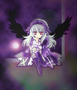 Rating: Safe Score: 0 Tags: 1girl black_wings boots detached_collar dress flower frilled_sleeves frills full_body hairband image long_hair long_sleeves looking_at_viewer red_eyes rose silver_hair solo standing suigintou wings User: admin