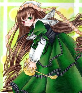 Rating: Safe Score: 0 Tags: 1girl blush brown_hair dress drill_hair frills green_dress green_eyes hat head_scarf heterochromia image long_hair long_sleeves looking_at_viewer looking_back red_eyes solo suiseiseki very_long_hair User: admin