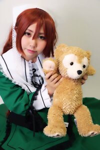 Rating: Safe Score: 0 Tags: 1girl animal closed_mouth dog fur_trim green_dress hair_between_eyes jewelry lips looking_at_viewer necklace realistic red_hair smile solo suiseiseki teddy_bear User: admin