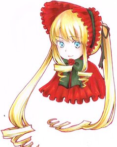 Rating: Safe Score: 0 Tags: 1girl blonde_hair blue_eyes bonnet bow bowtie drill_hair flower green_bow image long_hair looking_at_viewer pink_rose rose shinku sidelocks simple_background smile solo traditional_media twin_drills white_background User: admin