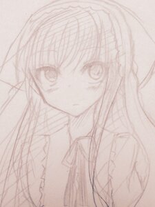 Rating: Safe Score: 0 Tags: 1girl bow bowtie closed_mouth eyebrows_visible_through_hair image long_hair long_sleeves looking_at_viewer monochrome simple_background sketch solo suiseiseki upper_body white_background User: admin