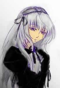 Rating: Safe Score: 0 Tags: 1girl black_ribbon dress hairband image juliet_sleeves lolita_hairband long_hair long_sleeves looking_at_viewer puffy_sleeves purple_eyes ribbon silver_hair simple_background solo suigintou upper_body User: admin