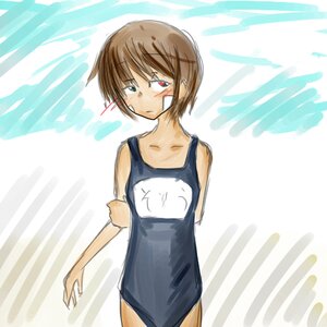 Rating: Safe Score: 0 Tags: 1girl brown_hair cowboy_shot heterochromia image looking_at_viewer name_tag one-piece_swimsuit red_eyes school_swimsuit short_hair solo souseiseki striped striped_background swimsuit User: admin