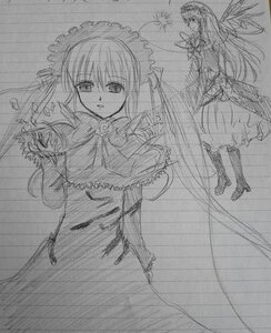Rating: Safe Score: 0 Tags: 1girl black_wings bow_(weapon) dress full_body greyscale image long_hair looking_at_viewer monochrome pair shinku simple_background sketch standing suigintou traditional_media very_long_hair wings User: admin