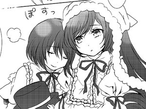 Rating: Safe Score: 0 Tags: 2girls blush closed_eyes dress frills greyscale haco_img hat image long_hair monochrome multiple_girls neck_ribbon pair ribbon short_hair souseiseki suiseiseki User: admin