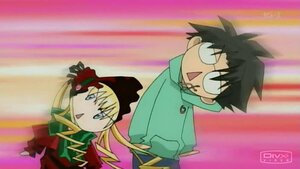Rating: Safe Score: 0 Tags: 1boy 1girl :d blonde_hair blue_eyes blush_stickers bonnet chibi dress glasses green_bow image long_hair long_sleeves open_mouth parody red_dress shinku solo spiked_hair User: admin