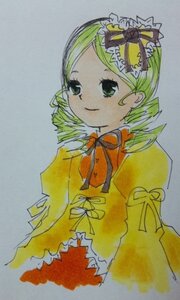 Rating: Safe Score: 0 Tags: 1girl blonde_hair bow drill_hair green_eyes hair_ornament hat image kanaria looking_at_viewer puffy_sleeves ribbon simple_background solo tomoe_mami traditional_media twin_drills User: admin