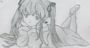 Rating: Safe Score: 0 Tags: 1girl auto_tagged bangs closed_mouth eyebrows_visible_through_hair graphite_(medium) hair_ribbon image long_hair looking_at_viewer lying monochrome on_stomach photo ribbon shinku signature solo traditional_media twintails User: admin