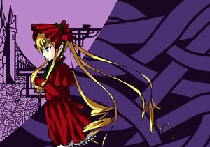 Rating: Safe Score: 0 Tags: 1girl blonde_hair blue_eyes bonnet bow dress drill_hair flower image long_hair long_sleeves red_dress rose shinku solo standing twintails very_long_hair User: admin