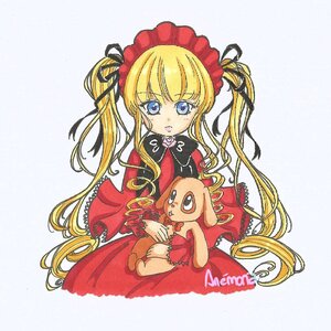 Rating: Safe Score: 0 Tags: 1girl blonde_hair blue_eyes blush dress full_body holding image long_hair long_sleeves looking_at_viewer open_mouth red_dress shinku sitting solo striped stuffed_animal traditional_media twintails very_long_hair User: admin