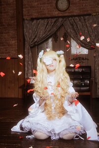Rating: Safe Score: 0 Tags: 1girl blonde_hair dress flower indoors kirakishou long_hair petals rose_petals sitting solo white_dress wooden_floor User: admin