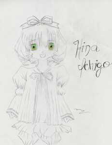 Rating: Safe Score: 0 Tags: 1girl blush dress eyebrows_visible_through_hair green_eyes hina_ichigo hinaichigo image long_sleeves looking_at_viewer monochrome open_mouth puffy_sleeves ribbon simple_background smile solo standing User: admin