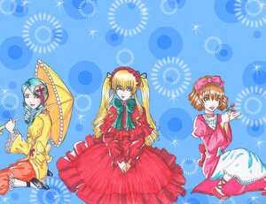 Rating: Safe Score: 0 Tags: blonde_hair blue_background blue_eyes bow brown_hair dress drill_hair flower frills holding_umbrella image long_hair long_sleeves looking_at_viewer multiple multiple_girls open_mouth parasol short_hair sitting tagme twintails umbrella User: admin