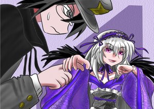 Rating: Safe Score: 0 Tags: 1boy 1girl black_hair black_wings feathered_wings glasses gothic_lolita hairband hat image lolita_fashion long_hair purple_eyes silver_hair smile solo suigintou wings User: admin