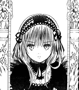 Rating: Safe Score: 0 Tags: 1girl bangs closed_mouth dress eyebrows_visible_through_hair greyscale hairband image long_hair looking_at_viewer monochrome ribbon solo suigintou User: admin