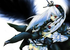 Rating: Safe Score: 0 Tags: 1girl black_dress black_wings dress flower frills gothic_lolita hairband image lolita_fashion long_hair long_sleeves red_eyes rose silver_hair solo suigintou thighhighs tongue white_hair wings User: admin