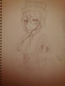 Rating: Safe Score: 0 Tags: 1girl bangs blush closed_mouth eyebrows_visible_through_hair frills graphite_(medium) hair_between_eyes hat image long_sleeves looking_at_viewer monochrome photo short_hair signature sketch solo souseiseki traditional_media upper_body User: admin