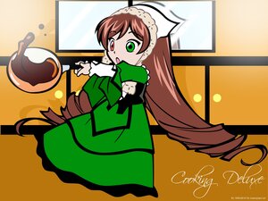 Rating: Safe Score: 0 Tags: 1girl brown_hair dress frills green_dress green_eyes heterochromia image long_hair long_sleeves open_mouth red_eyes solo style_parody suiseiseki very_long_hair User: admin