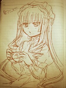 Rating: Safe Score: 0 Tags: 1girl dress eyebrows_visible_through_hair frills holding image long_hair long_sleeves looking_at_viewer monochrome shinku solo traditional_media User: admin