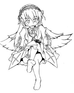 Rating: Safe Score: 0 Tags: 1girl dress frills full_body greyscale hairband image lolita_hairband long_hair long_sleeves looking_at_viewer monochrome simple_background smile solo suigintou white_background wings User: admin