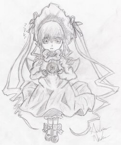 Rating: Safe Score: 0 Tags: 1girl dress full_body greyscale image long_hair long_sleeves looking_at_viewer monochrome rose shinku simple_background solo traditional_media twintails very_long_hair white_background User: admin