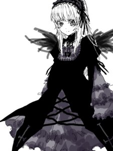 Rating: Safe Score: 0 Tags: 1girl bangs blush closed_mouth dress eyebrows_visible_through_hair frilled_hairband frills greyscale hairband image long_hair long_sleeves looking_at_viewer monochrome rose simple_background smile solo suigintou white_background wings User: admin