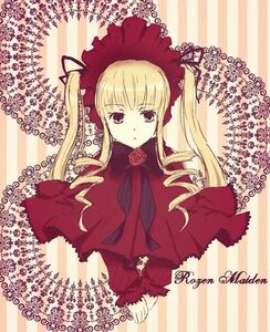 Rating: Safe Score: 0 Tags: 1girl blonde_hair blue_eyes bonnet bow bowtie dress drill_hair flower image long_hair long_sleeves red_dress rose shinku solo striped twintails twitter_username User: admin