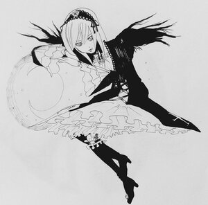 Rating: Safe Score: 0 Tags: 1girl boots dress frills full_body greyscale hairband high_heel_boots high_heels long_hair long_sleeves looking_at_viewer monochrome rose solo suigintou wings User: admin