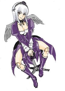 Rating: Safe Score: 0 Tags: 1girl black_wings boots breasts cleavage detached_collar doll_joints dress feathered_wings feathers full_body hairband image joints knee_boots long_hair long_sleeves looking_at_viewer medium_breasts purple_dress purple_footwear red_eyes sitting solo suigintou v_arms wings User: admin