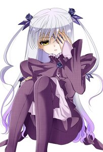 Rating: Safe Score: 0 Tags: 1girl barasuishou black_legwear bow dress hair_ribbon image long_hair long_sleeves looking_at_viewer pantyhose ribbon silver_hair sitting solo striped_background very_long_hair white_background yellow_eyes User: admin