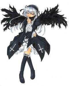 Rating: Safe Score: 0 Tags: 1girl black_wings boots dress flower frills full_body hairband image long_hair long_sleeves looking_at_viewer pink_eyes ribbon rose silver_hair solo suigintou white_background wings User: admin