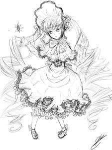 Rating: Safe Score: 0 Tags: 1girl blush dress frills greyscale image long_hair monochrome shinku signature sketch solo twintails User: admin