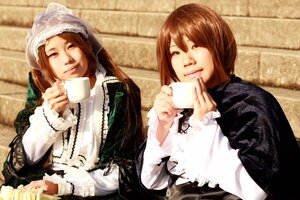 Rating: Safe Score: 0 Tags: 2girls brick_wall brown_hair closed_eyes cup holding holding_cup indoors long_sleeves multiple_cosplay multiple_girls one_eye_closed siblings sitting smile tagme tiles User: admin