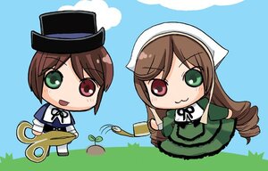 Rating: Safe Score: 0 Tags: 2girls blue_dress brown_hair chibi cloud day dress grass green_dress green_eyes hat head_scarf heterochromia image long_hair long_sleeves looking_at_viewer multiple_girls outdoors pair plant red_eyes siblings sisters sky smile souseiseki suiseiseki twins very_long_hair watering_can User: admin