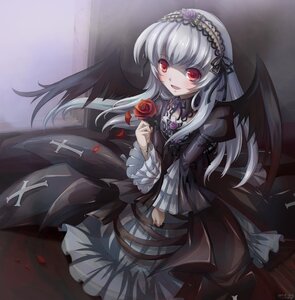 Rating: Safe Score: 3 Tags: 1girl black_wings commentary_request cross dress flower frills gothic_lolita hairband image lolita_fashion long_hair long_sleeves looking_at_viewer mtyy open_mouth petals photoshop_(medium) red_eyes rose rozen_maiden silver_hair smile solo suigintou wings User: admin