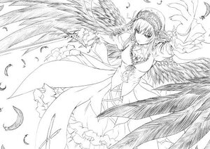Rating: Safe Score: 0 Tags: 1girl dress eyebrows_visible_through_hair feathered_wings feathers frills greyscale image long_sleeves looking_at_viewer monochrome short_hair solo suigintou traditional_media wings User: admin